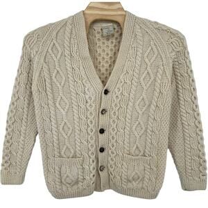 VTG Men's L Cream Carraig Donn 100% Wool Chunky Knit Fisherman Sweater Cardigan